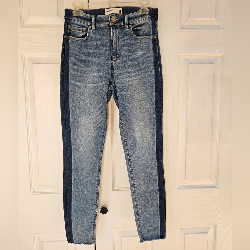 GARAGE 2-Tone High Rise Raw Hem Jeans
